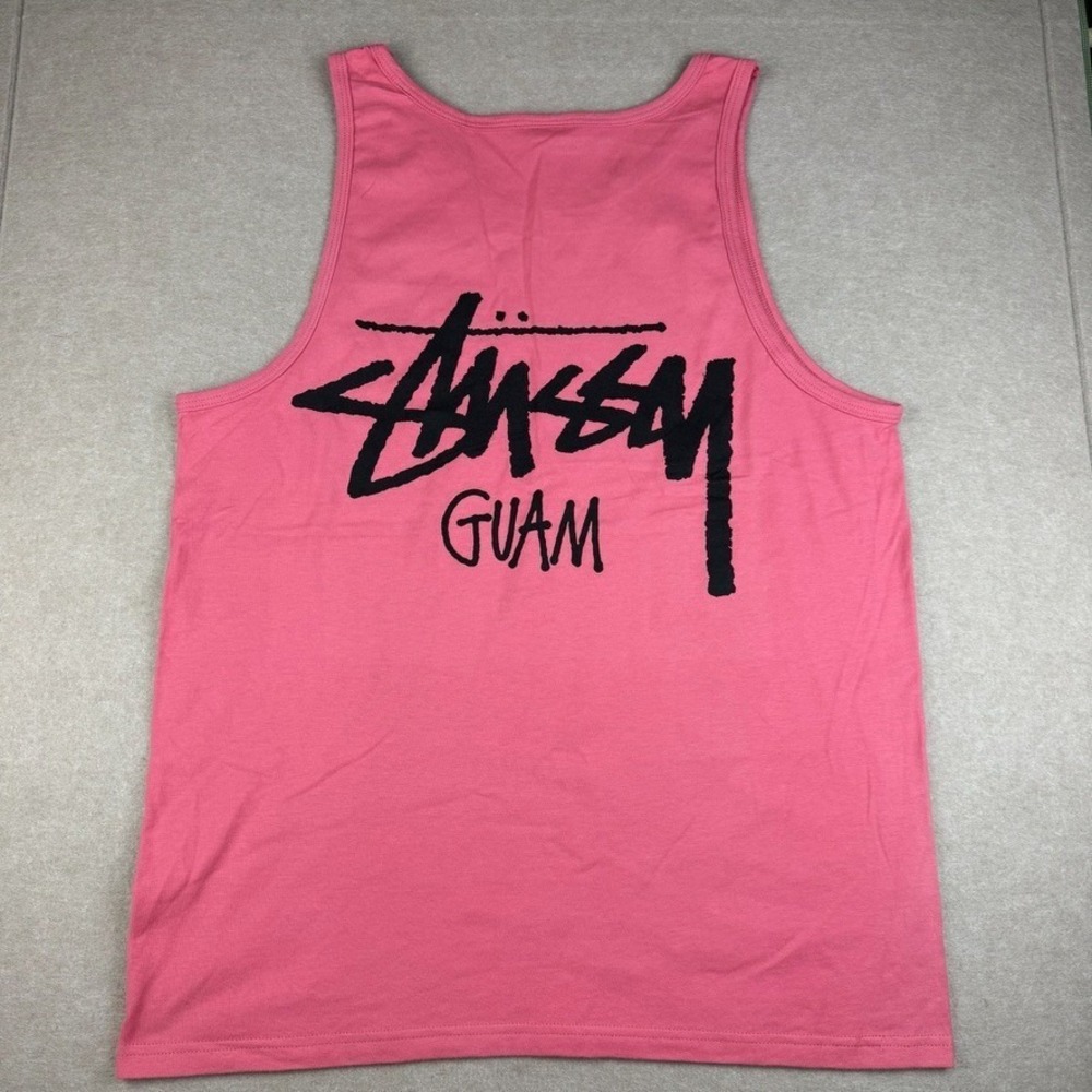 Stussy Guam Tank Top Mens L Hot Pink Streetwear Graphic Logo Sleeveless Tee